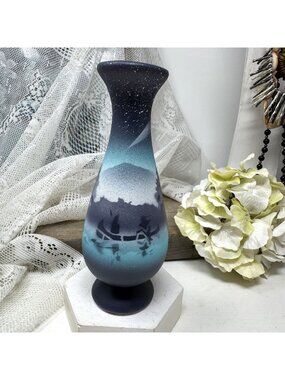 Hand-Painted Ceramic Vase With Mountain & Canoe Scene Blue Gradient 6" Tall Nati